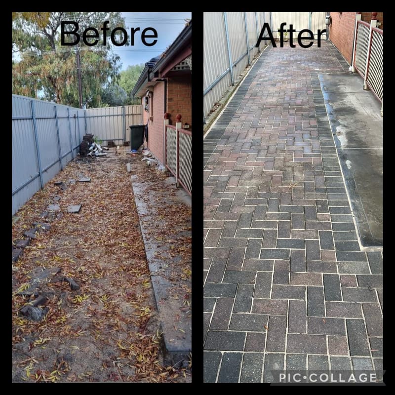 Driveway before and after — brick paver installation transforming a bare dirt path into a herringbone paved driveway